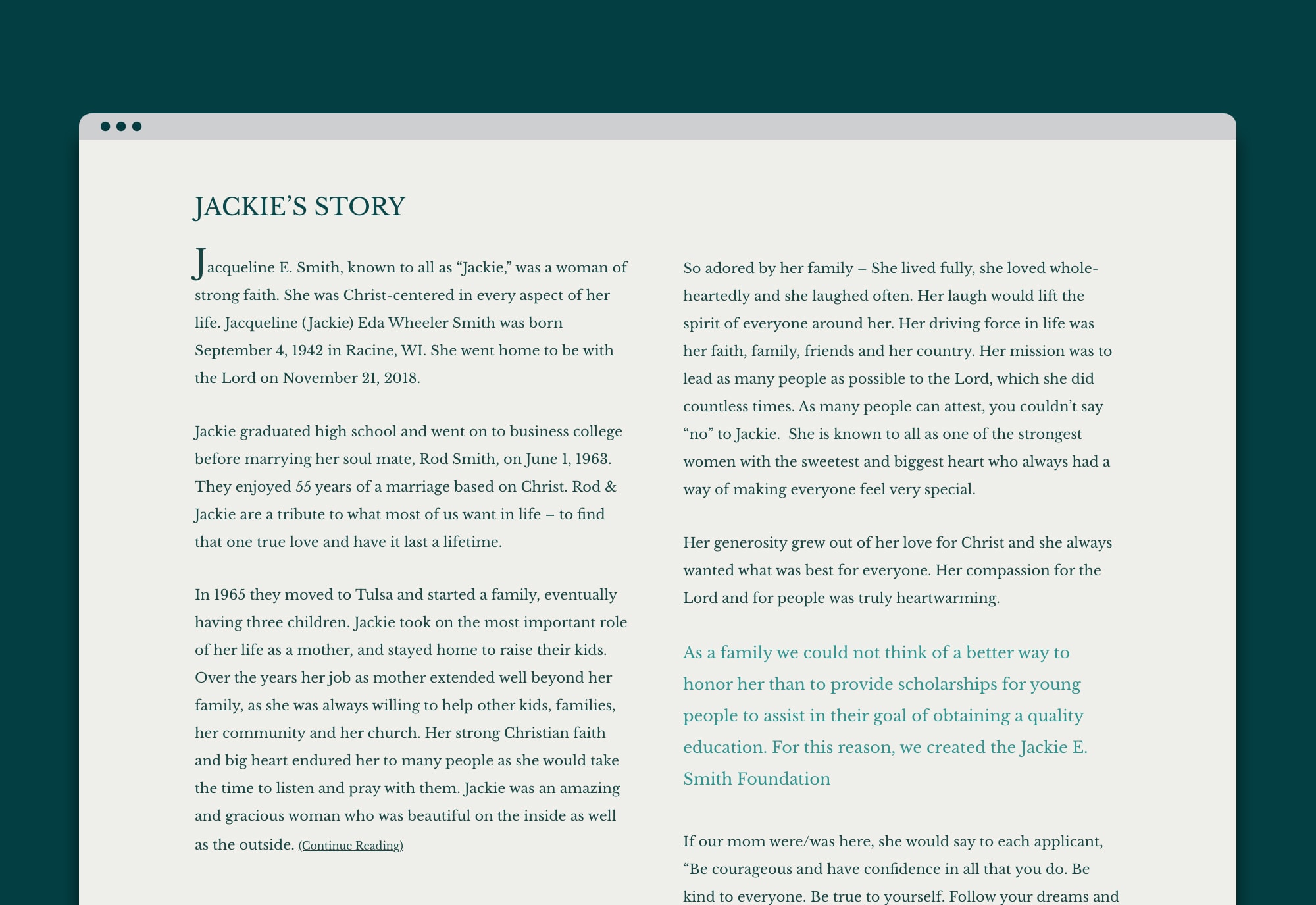 Jackie Smith Foundation Website Design &amp; Development Text Layout