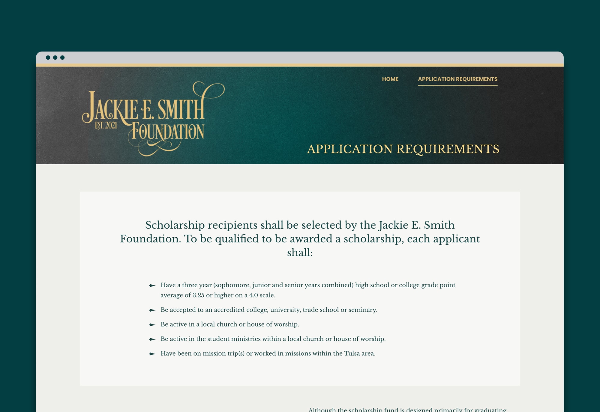 Jackie Smith Foundation Website Design &amp; Development Application Requirement