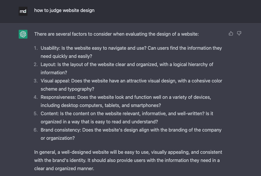 What ChatGPT said on how to judge website design
